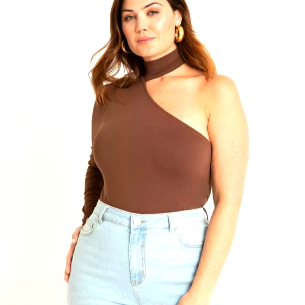 Eloquoii One Shoulder Mock Neck Top Brown Size 22/24